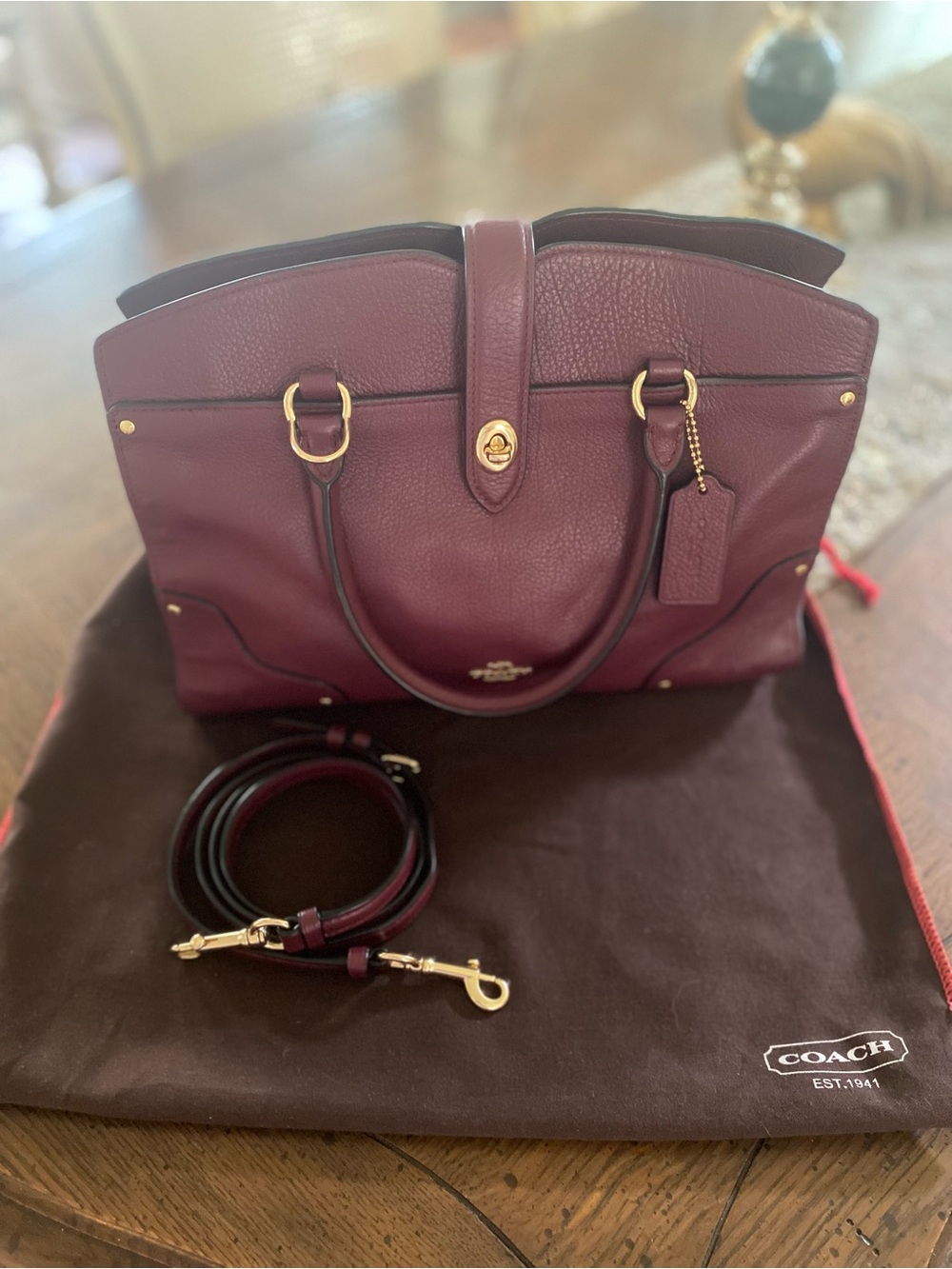 Coach Mercer 30 Satchel in Burgundy Pebbled Leather with Gold Hardware